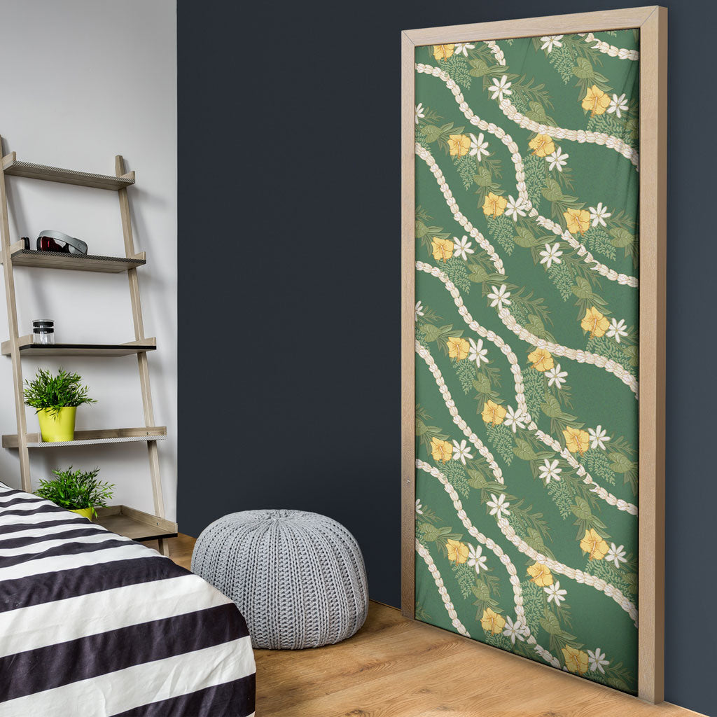 Hawaiian Pikake Maile Lei Door Cover Tiare Hibiscus Kalo Palapalai Leaf Green LT19 - Polynesian Pride