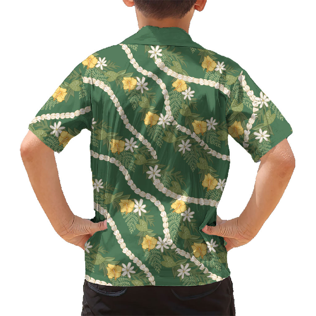 Hawaiian Pikake Maile Lei Family Matching Long Sleeve Bodycon Dress and Hawaiian Shirt Tiare Hibiscus Kalo Palapalai Leaf Green LT19 - Polynesian Pride