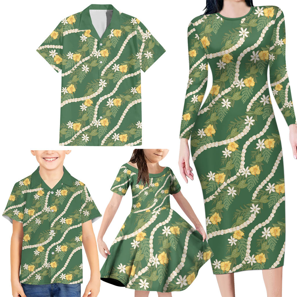 Hawaiian Pikake Maile Lei Family Matching Long Sleeve Bodycon Dress and Hawaiian Shirt Tiare Hibiscus Kalo Palapalai Leaf Green