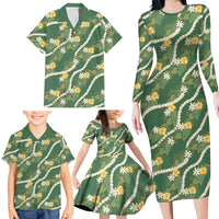 Hawaiian Pikake Maile Lei Family Matching Long Sleeve Bodycon Dress and Hawaiian Shirt Tiare Hibiscus Kalo Palapalai Leaf Green LT19 - Polynesian Pride