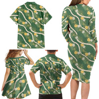 Hawaiian Pikake Maile Lei Family Matching Long Sleeve Bodycon Dress and Hawaiian Shirt Tiare Hibiscus Kalo Palapalai Leaf Green LT19 - Polynesian Pride
