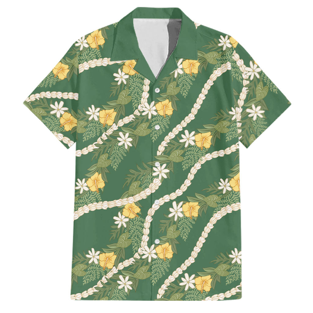 Hawaiian Pikake Maile Lei Family Matching Long Sleeve Bodycon Dress and Hawaiian Shirt Tiare Hibiscus Kalo Palapalai Leaf Green LT19 Dad's Shirt - Short Sleeve Green - Polynesian Pride