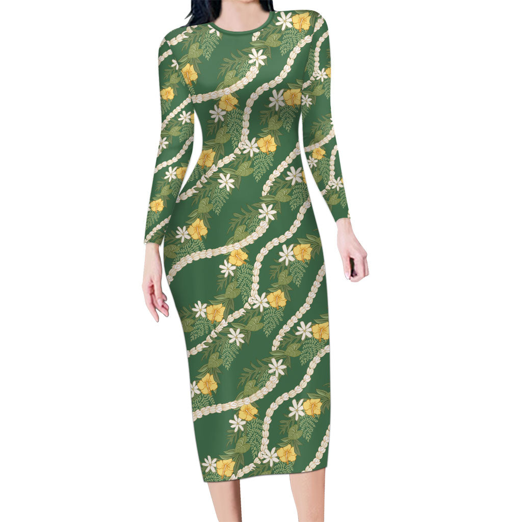 Hawaiian Pikake Maile Lei Family Matching Long Sleeve Bodycon Dress and Hawaiian Shirt Tiare Hibiscus Kalo Palapalai Leaf Green LT19 Mom's Dress Green - Polynesian Pride