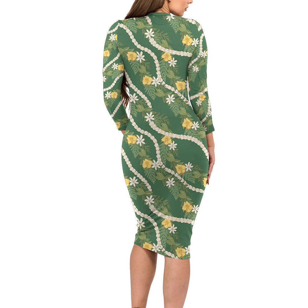 Hawaiian Pikake Maile Lei Family Matching Long Sleeve Bodycon Dress and Hawaiian Shirt Tiare Hibiscus Kalo Palapalai Leaf Green LT19 - Polynesian Pride