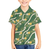 Hawaiian Pikake Maile Lei Family Matching Long Sleeve Bodycon Dress and Hawaiian Shirt Tiare Hibiscus Kalo Palapalai Leaf Green LT19 Son's Shirt Green - Polynesian Pride