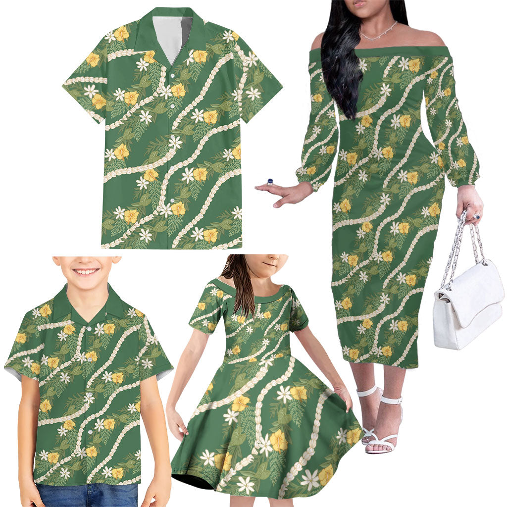 Hawaiian Pikake Maile Lei Family Matching Off The Shoulder Long Sleeve Dress and Hawaiian Shirt Tiare Hibiscus Kalo Palapalai Leaf Green LT19 - Polynesian Pride