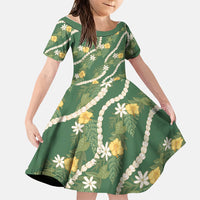 Hawaiian Pikake Maile Lei Family Matching Off Shoulder Maxi Dress and Hawaiian Shirt Tiare Hibiscus Kalo Palapalai Leaf Green LT19 Daughter's Dress Green - Polynesian Pride