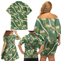 Hawaiian Pikake Maile Lei Family Matching Off Shoulder Short Dress and Hawaiian Shirt Tiare Hibiscus Kalo Palapalai Leaf Green LT19 - Polynesian Pride