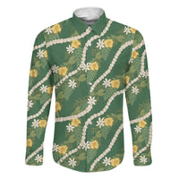 Hawaiian Pikake Maile Lei Family Matching Off Shoulder Short Dress and Hawaiian Shirt Tiare Hibiscus Kalo Palapalai Leaf Green LT19 Dad's Shirt - Long Sleeve Green - Polynesian Pride