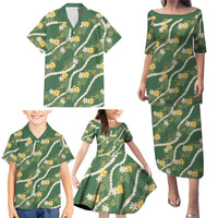 Hawaiian Pikake Maile Lei Family Matching Puletasi and Hawaiian Shirt Tiare Hibiscus Kalo Palapalai Leaf Green LT19 - Polynesian Pride