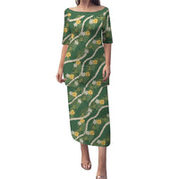 Hawaiian Pikake Maile Lei Family Matching Puletasi and Hawaiian Shirt Tiare Hibiscus Kalo Palapalai Leaf Green LT19 Mom's Dress Green - Polynesian Pride