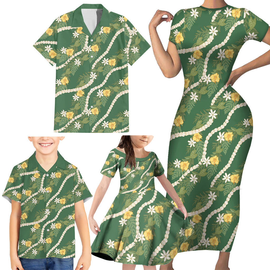 Hawaiian Pikake Maile Lei Family Matching Short Sleeve Bodycon Dress and Hawaiian Shirt Tiare Hibiscus Kalo Palapalai Leaf Green
