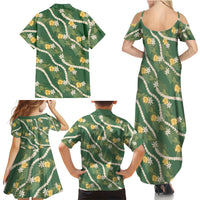 Hawaiian Pikake Maile Lei Family Matching Summer Maxi Dress and Hawaiian Shirt Tiare Hibiscus Kalo Palapalai Leaf Green LT19 - Polynesian Pride
