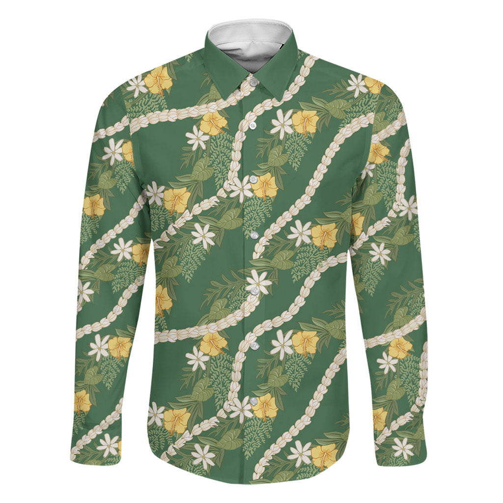 Hawaiian Pikake Maile Lei Family Matching Summer Maxi Dress and Hawaiian Shirt Tiare Hibiscus Kalo Palapalai Leaf Green LT19 Dad's Shirt - Long Sleeve Green - Polynesian Pride