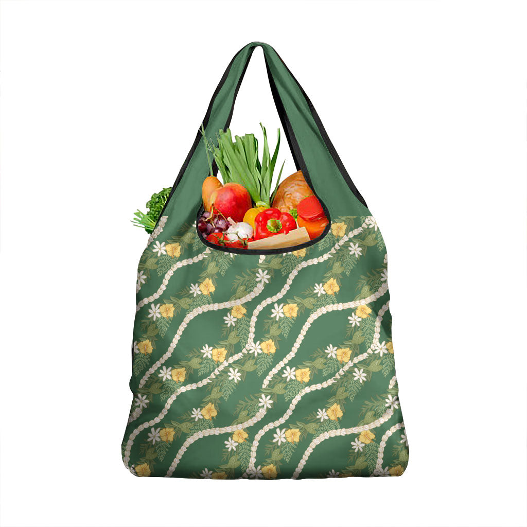 Hawaiian Pikake Maile Lei Grocery Bag Tiare Hibiscus Kalo Palapalai Leaf Green