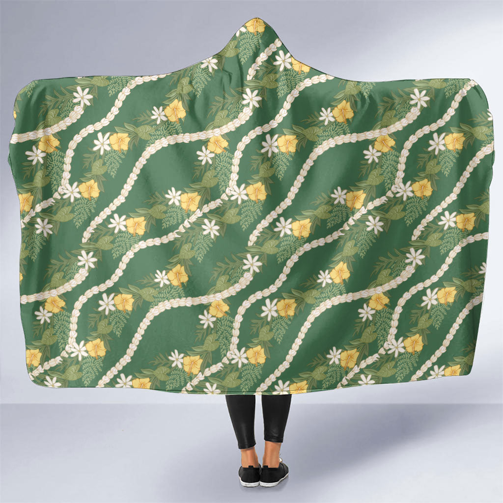 Hawaiian Pikake Maile Lei Hooded Blanket Tiare Hibiscus Kalo Palapalai Leaf Green LT19 One Size Green - Polynesian Pride