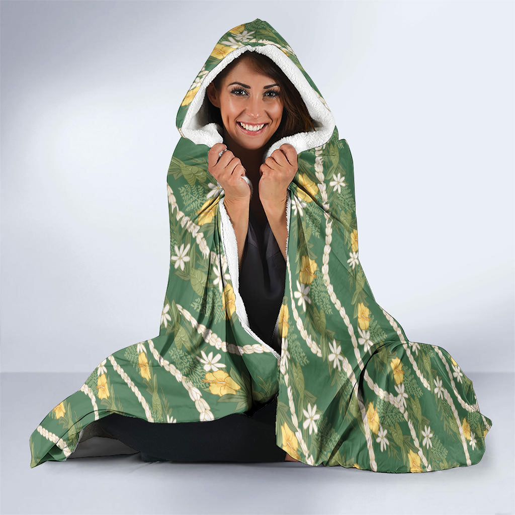 Hawaiian Pikake Maile Lei Hooded Blanket Tiare Hibiscus Kalo Palapalai Leaf Green LT19 - Polynesian Pride