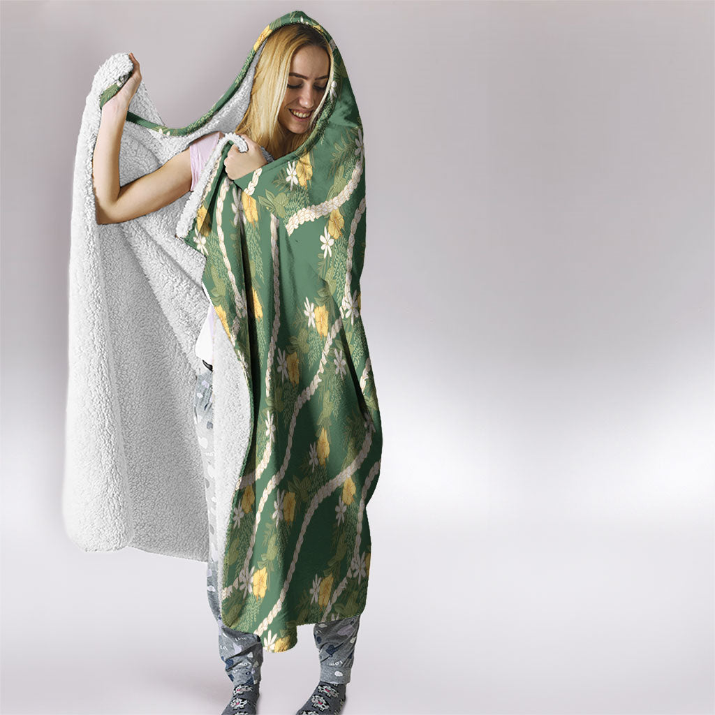 Hawaiian Pikake Maile Lei Hooded Blanket Tiare Hibiscus Kalo Palapalai Leaf Green LT19 - Polynesian Pride