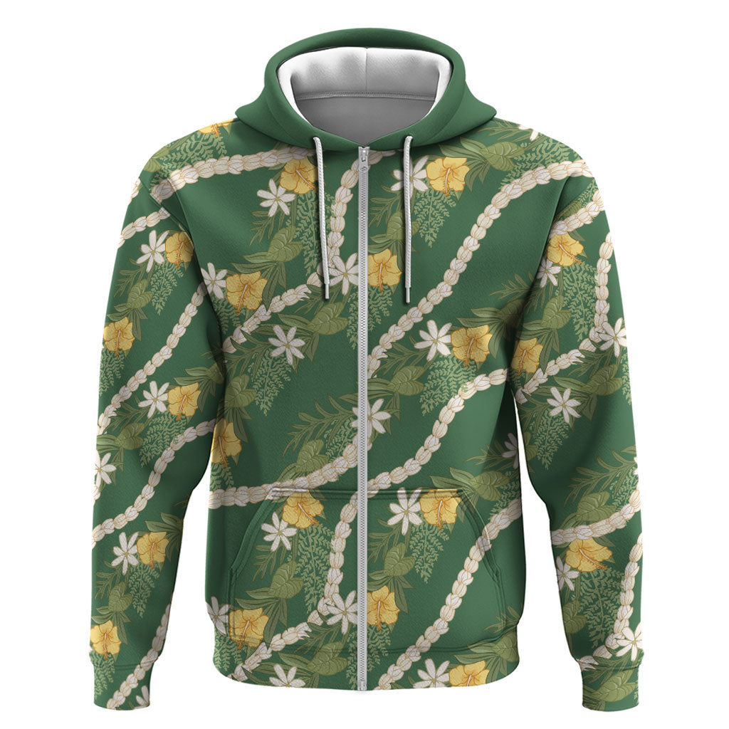 Hawaiian Pikake Maile Lei Hoodie Tiare Hibiscus Kalo Palapalai Leaf Green LT19 Zip Hoodie Green - Polynesian Pride