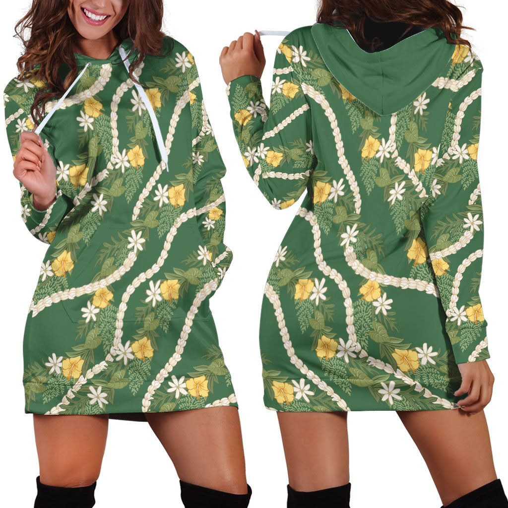 Hawaiian Pikake Maile Lei Hoodie Dress Tiare Hibiscus Kalo Palapalai Leaf Green LT19 - Polynesian Pride