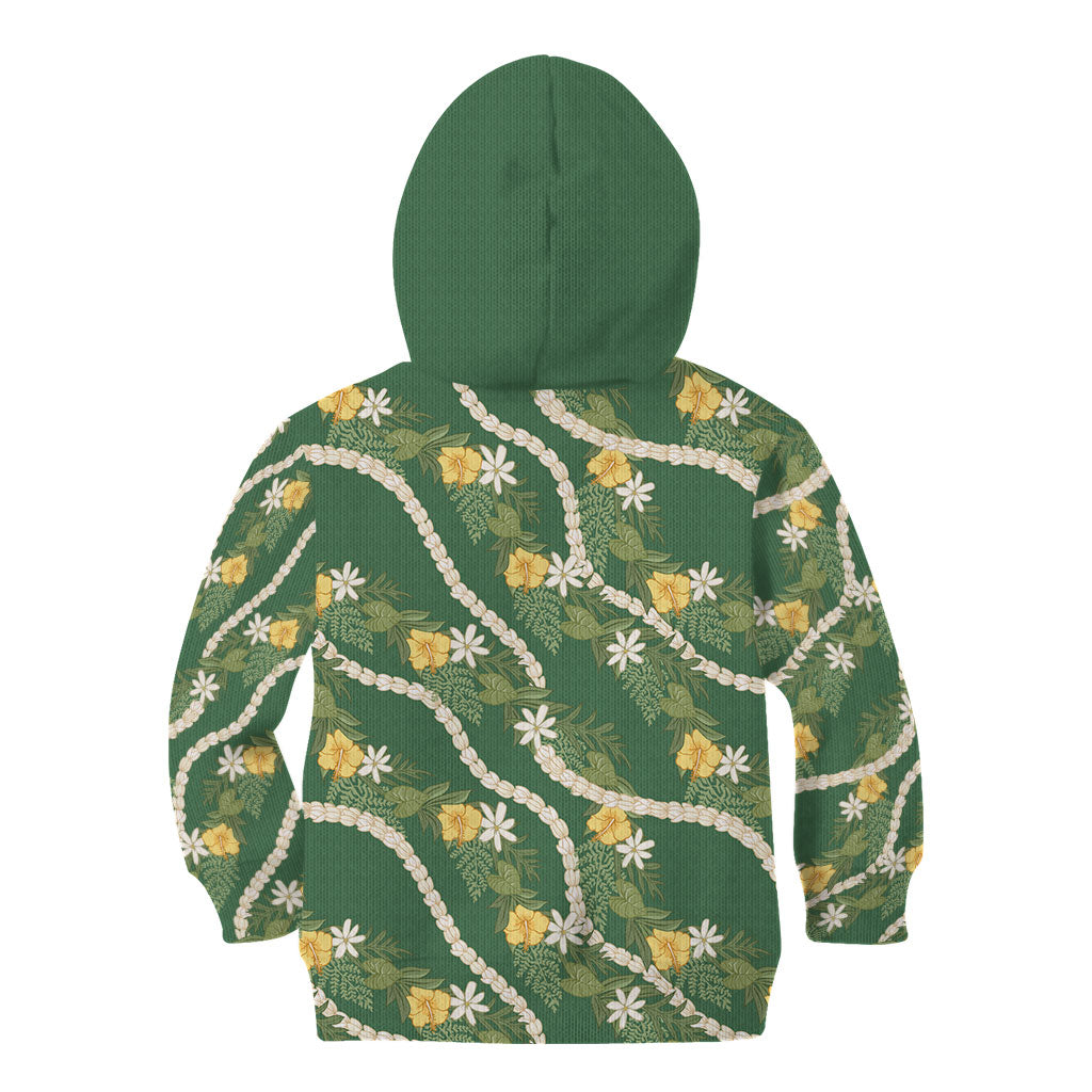 Hawaiian Pikake Maile Lei Kid Hoodie Tiare Hibiscus Kalo Palapalai Leaf Green LT19 - Polynesian Pride