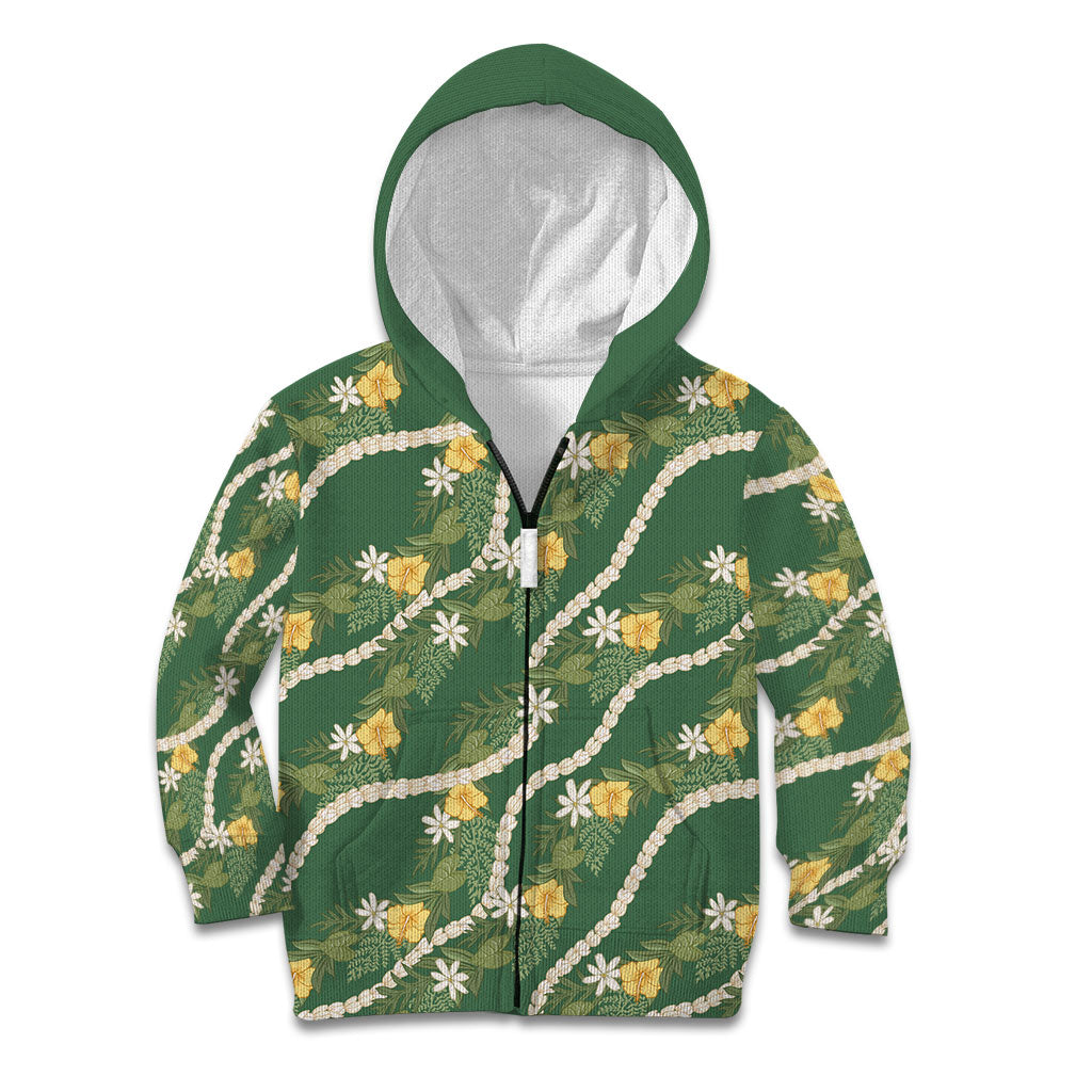 Hawaiian Pikake Maile Lei Kid Hoodie Tiare Hibiscus Kalo Palapalai Leaf Green LT19 Zip Hoodie Green - Polynesian Pride