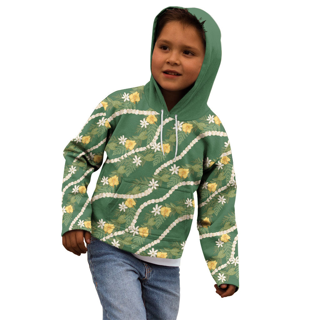 Hawaiian Pikake Maile Lei Kid Hoodie Tiare Hibiscus Kalo Palapalai Leaf Green LT19 - Polynesian Pride