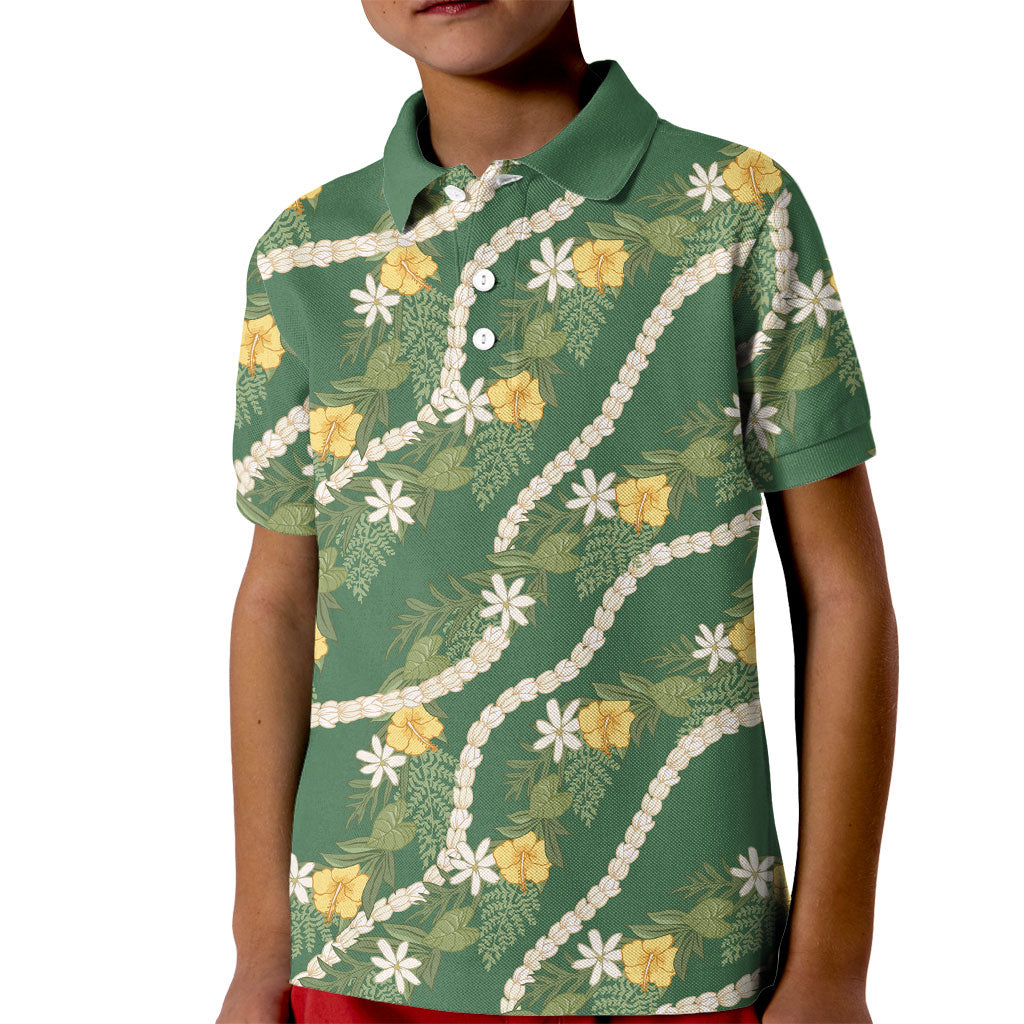 Hawaiian Pikake Maile Lei Kid Polo Shirt Tiare Hibiscus Kalo Palapalai Leaf Green LT19 Kid Green - Polynesian Pride