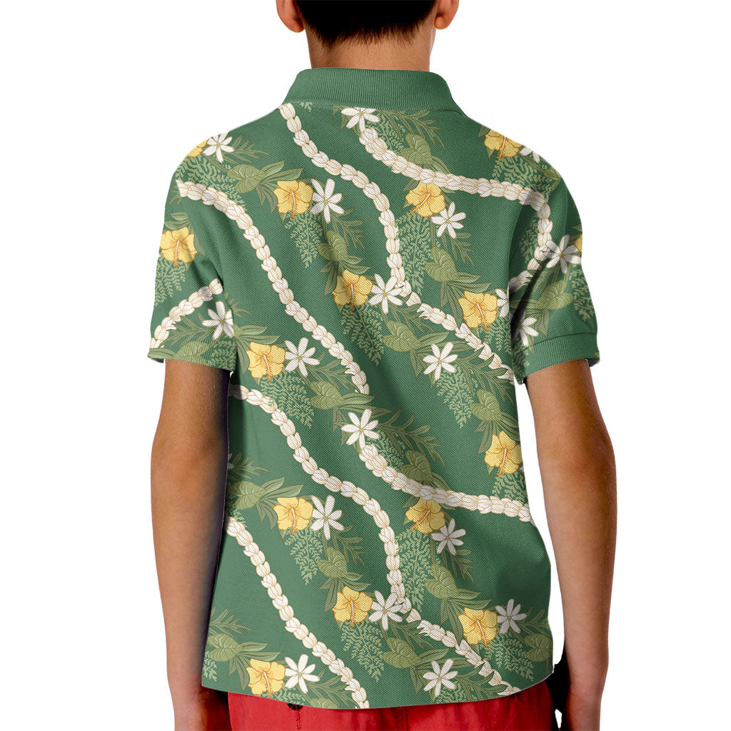 Hawaiian Pikake Maile Lei Kid Polo Shirt Tiare Hibiscus Kalo Palapalai Leaf Green LT19 - Polynesian Pride
