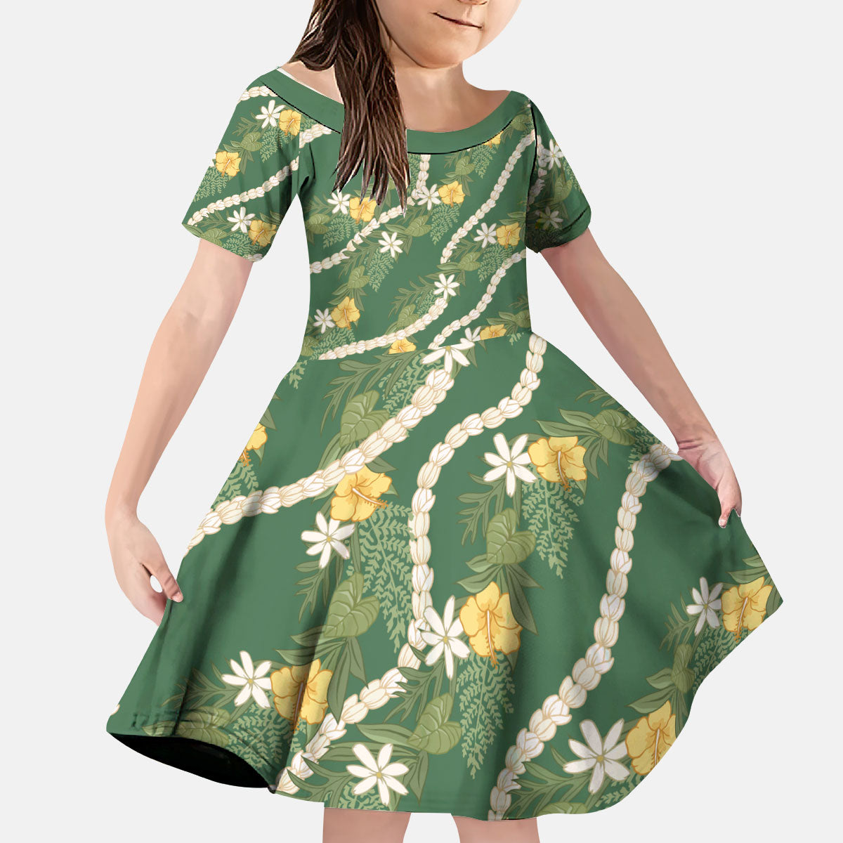 Hawaiian Pikake Maile Lei Kid Short Sleeve Dress Tiare Hibiscus Kalo Palapalai Leaf Green LT19 KID Green - Polynesian Pride