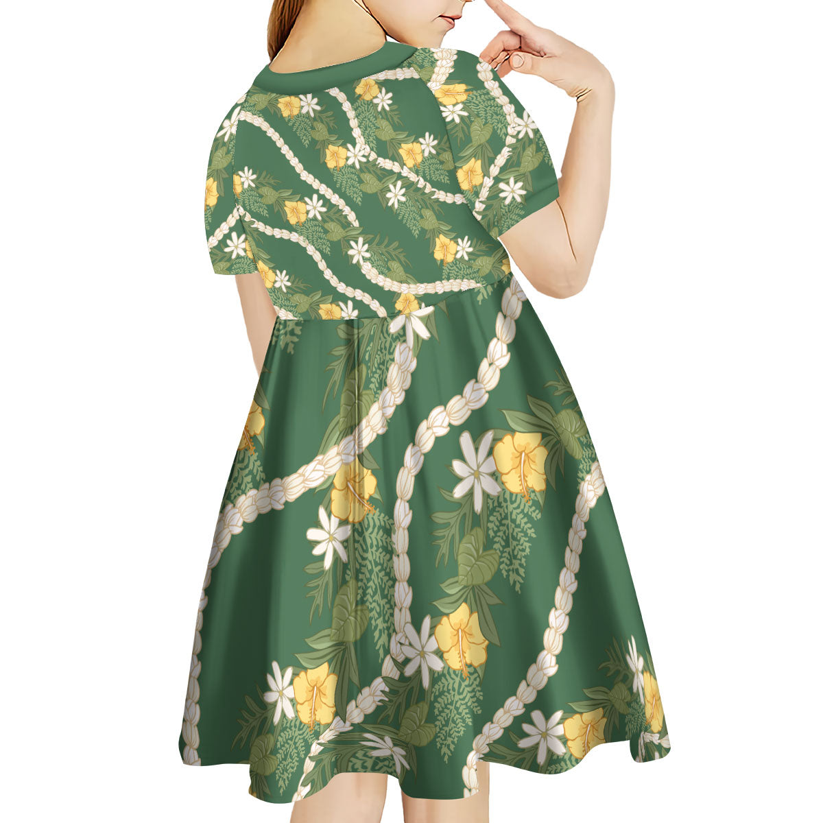 Hawaiian Pikake Maile Lei Kid Short Sleeve Dress Tiare Hibiscus Kalo Palapalai Leaf Green LT19 - Polynesian Pride