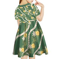 Hawaiian Pikake Maile Lei Kid Short Sleeve Dress Tiare Hibiscus Kalo Palapalai Leaf Green LT19 - Polynesian Pride