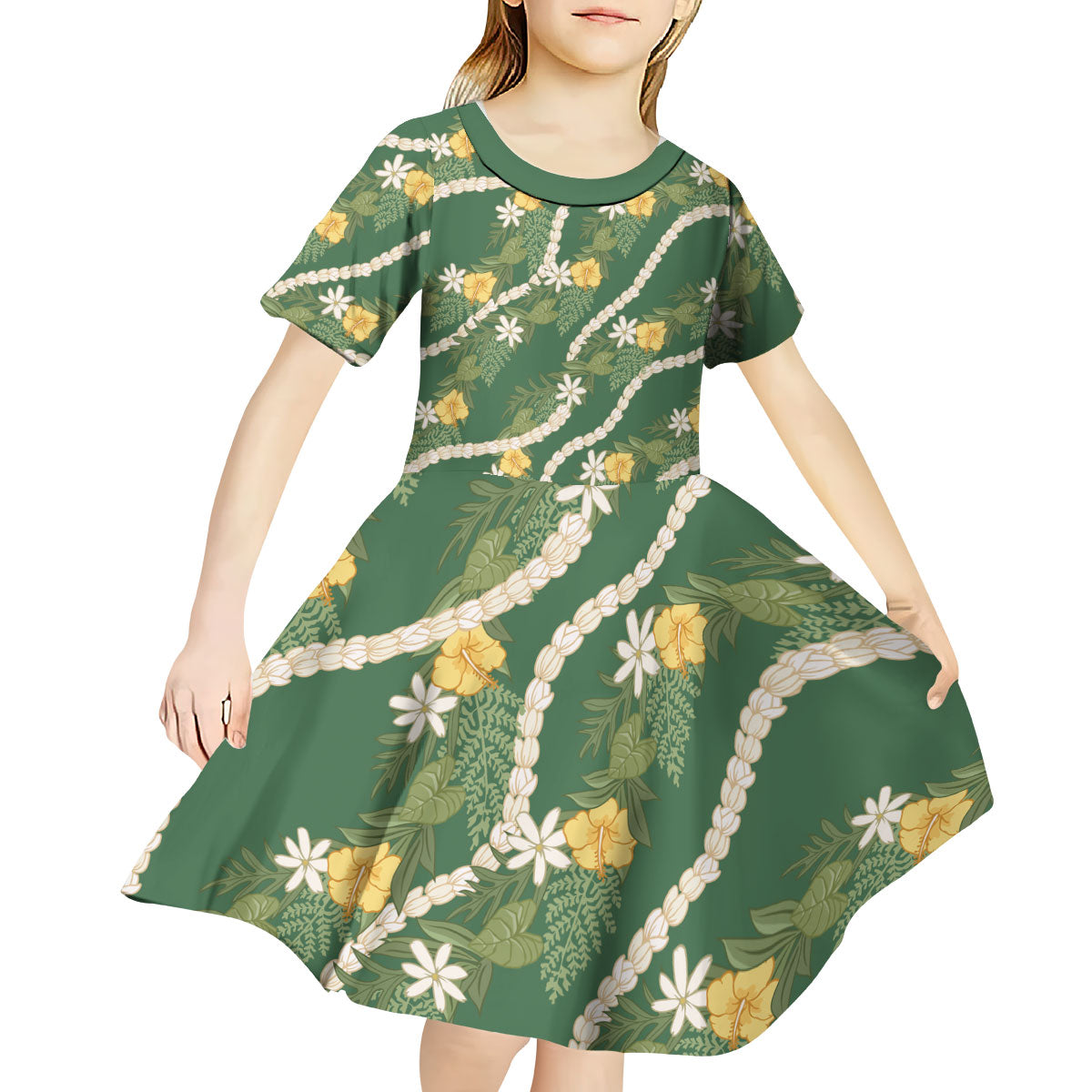 Hawaiian Pikake Maile Lei Kid Short Sleeve Dress Tiare Hibiscus Kalo Palapalai Leaf Green LT19 - Polynesian Pride