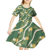 Hawaiian Pikake Maile Lei Kid Short Sleeve Dress Tiare Hibiscus Kalo Palapalai Leaf Green LT19 - Polynesian Pride
