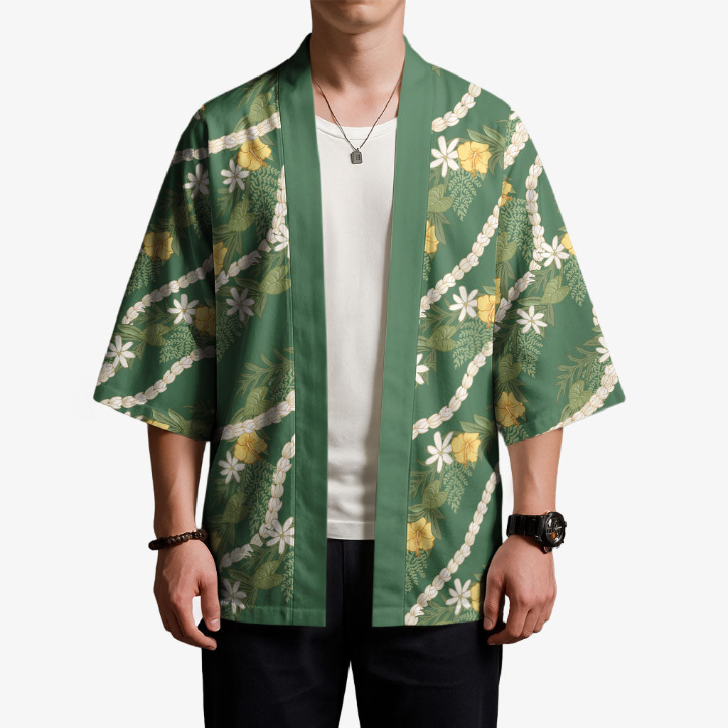 Hawaiian Pikake Maile Lei Kimono Tiare Hibiscus Kalo Palapalai Leaf Green