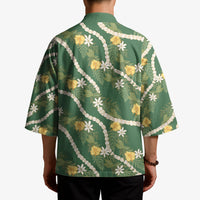 Hawaiian Pikake Maile Lei Kimono Tiare Hibiscus Kalo Palapalai Leaf Green