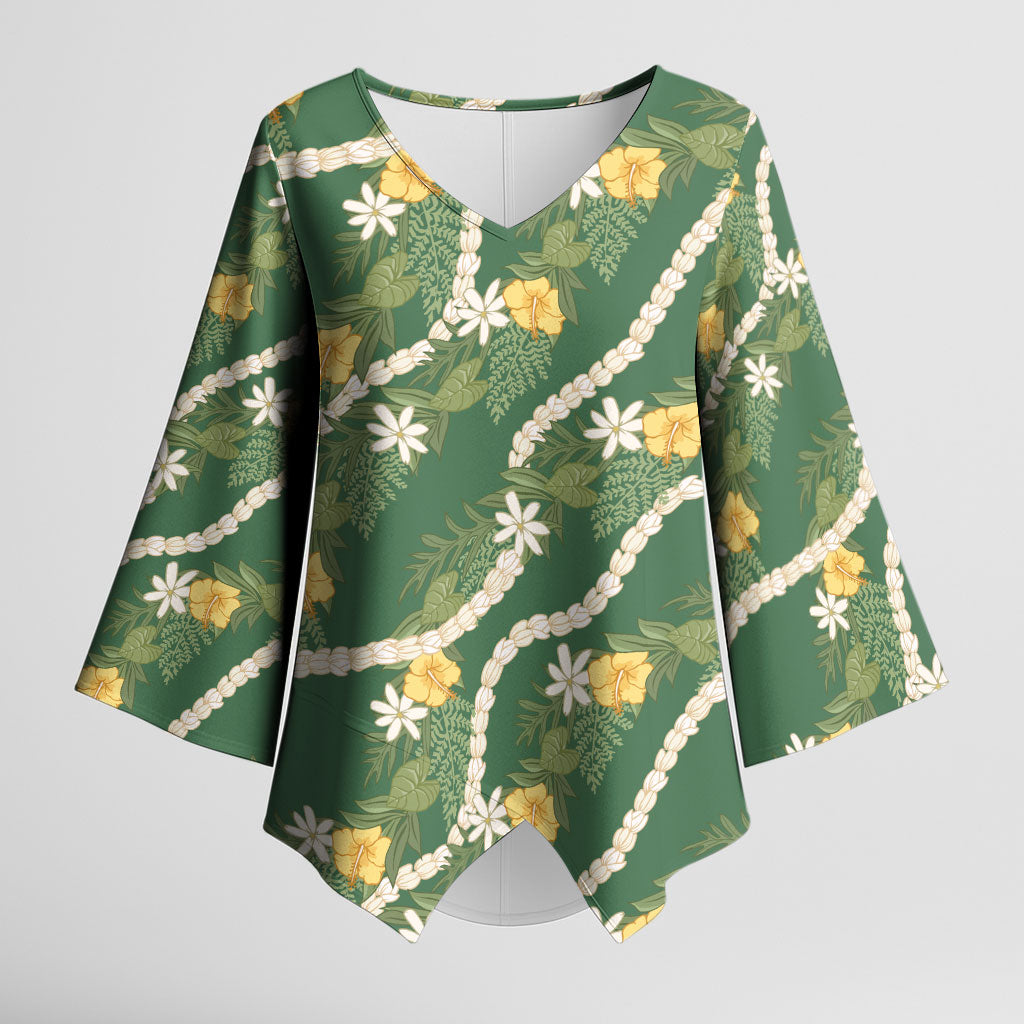 Hawaiian Pikake Maile Lei Kimono Sleeve Blouse Tiare Hibiscus Kalo Palapalai Leaf Green LT19 Female Green - Polynesian Pride