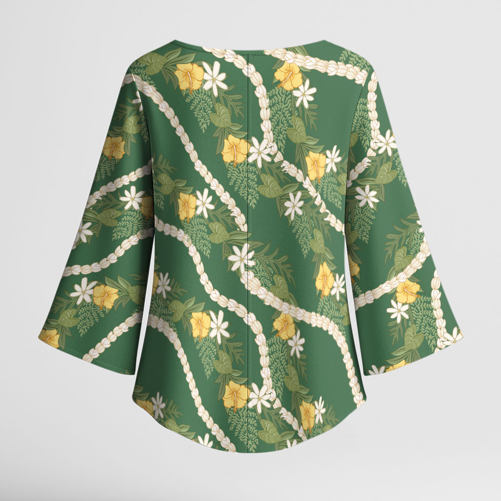 Hawaiian Pikake Maile Lei Kimono Sleeve Blouse Tiare Hibiscus Kalo Palapalai Leaf Green LT19 - Polynesian Pride