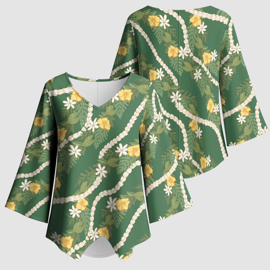 Hawaiian Pikake Maile Lei Kimono Sleeve Blouse Tiare Hibiscus Kalo Palapalai Leaf Green LT19 - Polynesian Pride