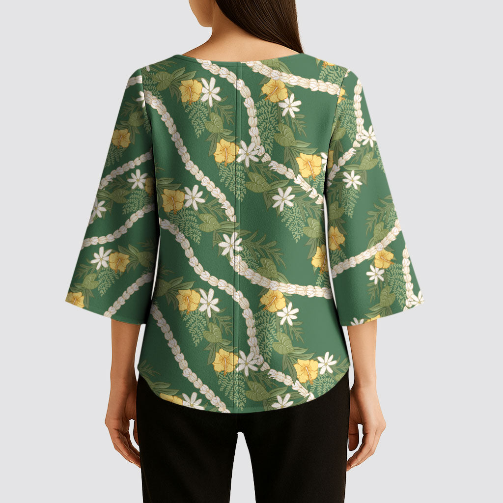 Hawaiian Pikake Maile Lei Kimono Sleeve Blouse Tiare Hibiscus Kalo Palapalai Leaf Green LT19 - Polynesian Pride