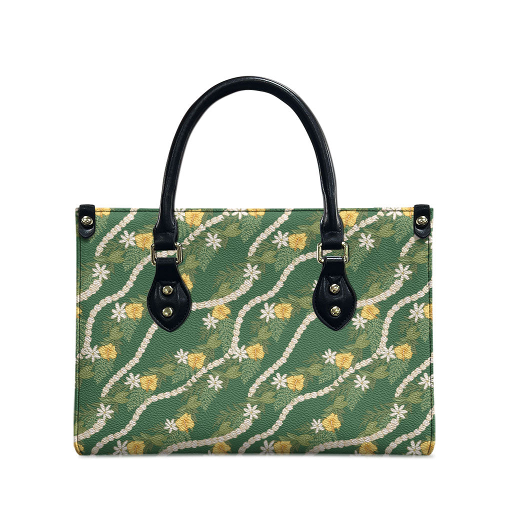Hawaiian Pikake Maile Lei Leather Bag Tiare Hibiscus Kalo Palapalai Leaf Green
