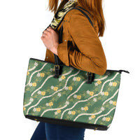 Hawaiian Pikake Maile Lei Leather Tote Bag Tiare Hibiscus Kalo Palapalai Leaf Green LT19 Green - Polynesian Pride