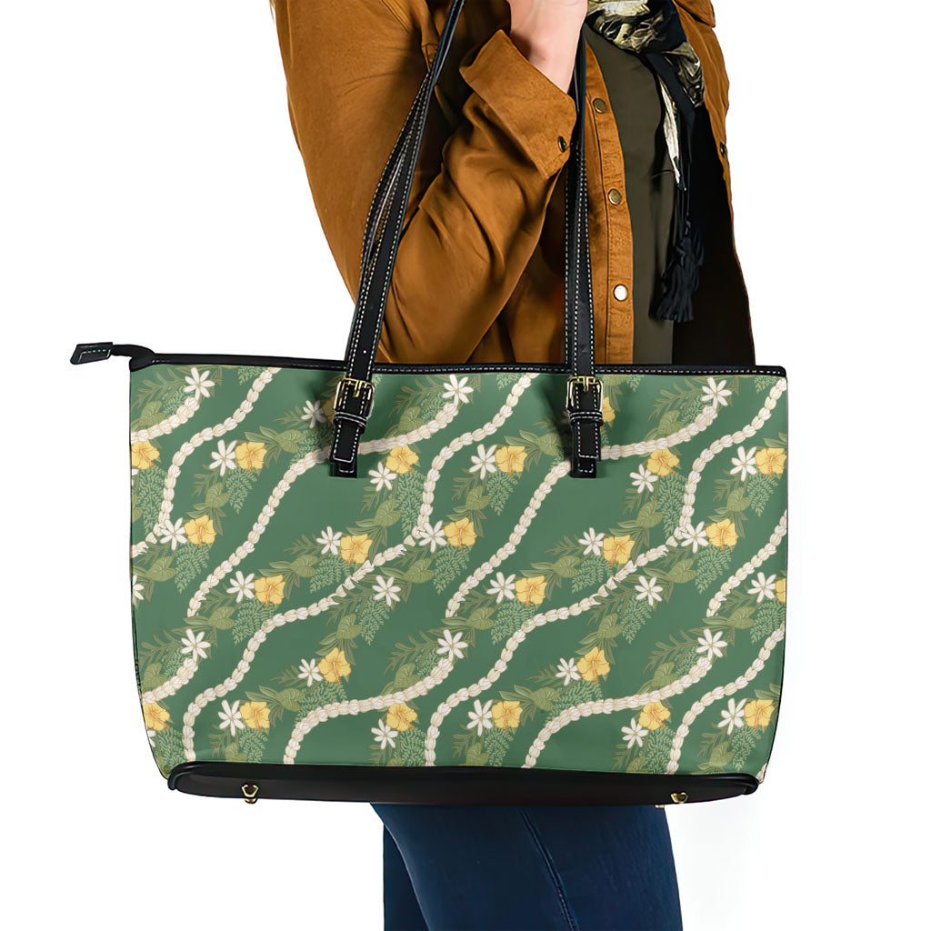Hawaiian Pikake Maile Lei Leather Tote Bag Tiare Hibiscus Kalo Palapalai Leaf Green LT19 - Polynesian Pride