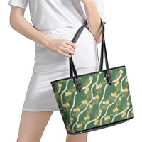 Hawaiian Pikake Maile Lei Leather Tote Bag Tiare Hibiscus Kalo Palapalai Leaf Green LT19 - Polynesian Pride