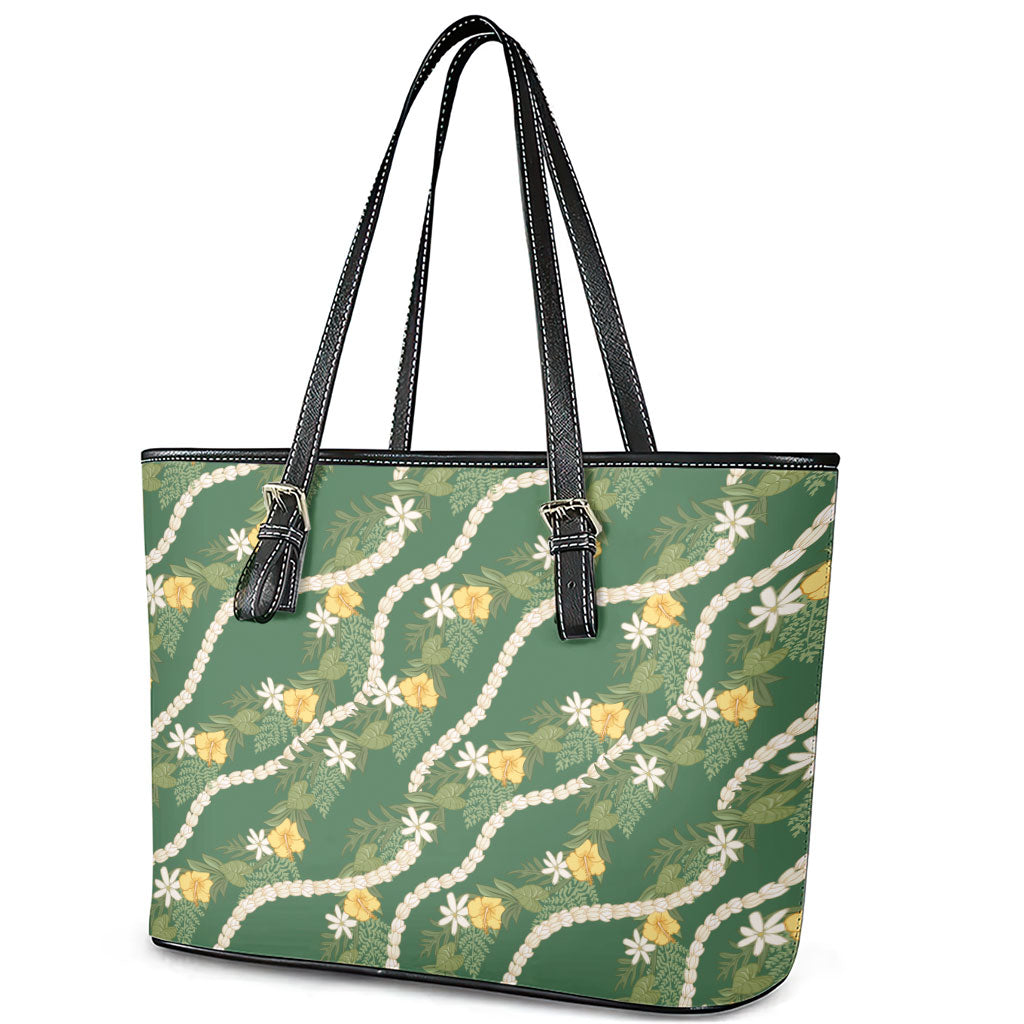 Hawaiian Pikake Maile Lei Leather Tote Bag Tiare Hibiscus Kalo Palapalai Leaf Green LT19 - Polynesian Pride