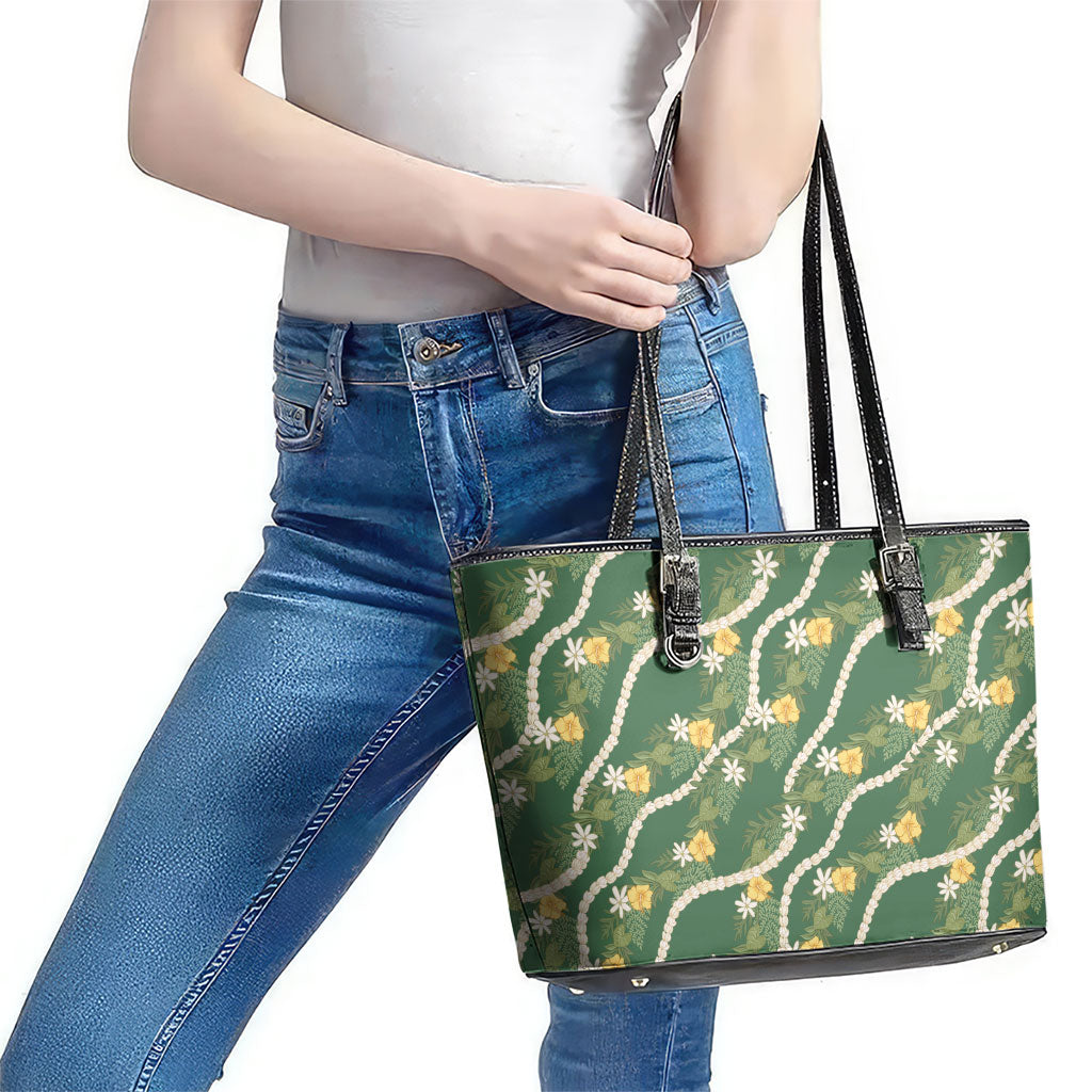 Hawaiian Pikake Maile Lei Leather Tote Bag Tiare Hibiscus Kalo Palapalai Leaf Green LT19 - Polynesian Pride