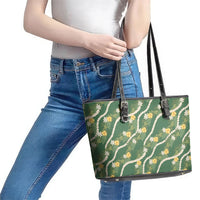Hawaiian Pikake Maile Lei Leather Tote Bag Tiare Hibiscus Kalo Palapalai Leaf Green LT19 - Polynesian Pride