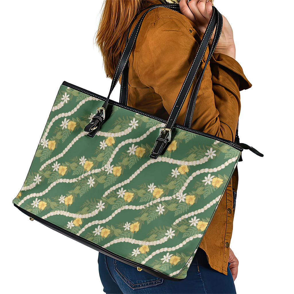 Hawaiian Pikake Maile Lei Leather Tote Bag Tiare Hibiscus Kalo Palapalai Leaf Green LT19 - Polynesian Pride