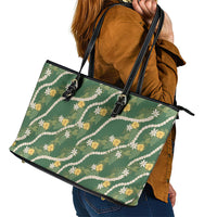 Hawaiian Pikake Maile Lei Leather Tote Bag Tiare Hibiscus Kalo Palapalai Leaf Green LT19 - Polynesian Pride