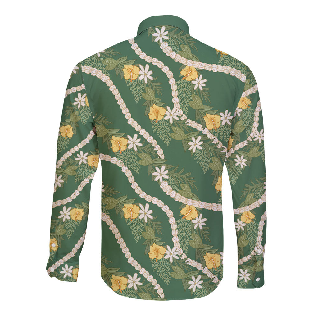 Hawaiian Pikake Maile Lei Long Sleeve Button Shirt Tiare Hibiscus Kalo Palapalai Leaf Green LT19 - Polynesian Pride